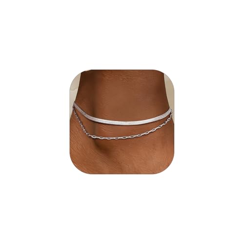 PROSTEEL Ankle Bracelets for Women Waterproof, Layered Snake-Paperclip Stainless Steel Summer Beach anklets, Silver 8-10.5 Inch Adjustable, Come with Box
