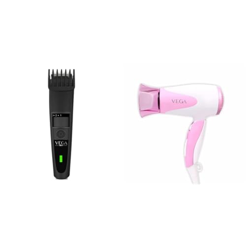 Image of VEGA T-3 TRIMMER for men, USB charging, quick charge, 90 minutes run time, cordless, travel lock - 20 length settings starting 0.4mm + VEGA Blooming Air 1000 Hair Dryer (VHDH-05), Color may Vary