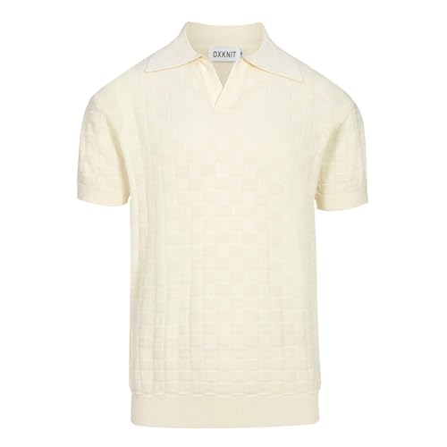 OXKNIT Polo de punto para hombre, textura retro lisa, manga corta, cuello en V, algodón transpirable para golf, beige