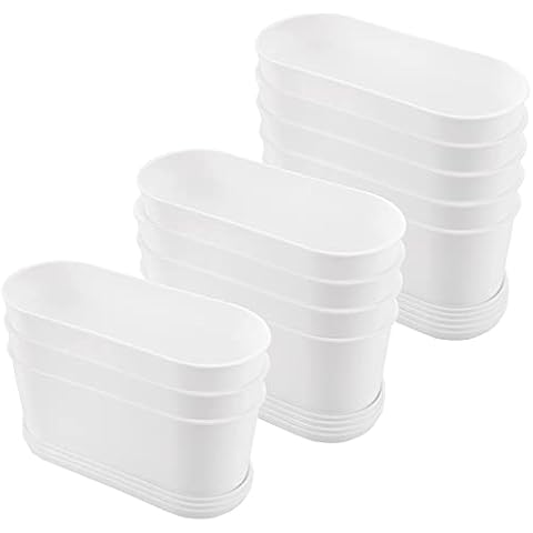 BOKMAAI 12 Pack White Rectangle Plastic Flower Pot, 9 x 3.5 x 3.2 Inch White Plastic Rectangle Planter, Small Rectangle Pots with Tray and Drainage Holes Cover