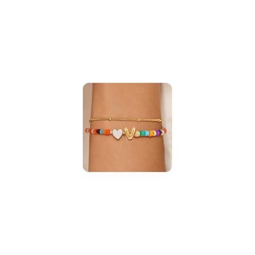 Image of Eaciy Colorful Initial Bracelets for Women Girls - 14K Gold Plated Heart Initial Letter Daint A-Z Charm Bracelet Summer Jewelry Teen Girl Gifts for Teen Kids