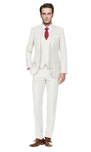 Image of Men's Slim Fit 3 Piece Suit Two Button Business Wedding Dress Tux Suit Set Jacket Vest Pants with Tie