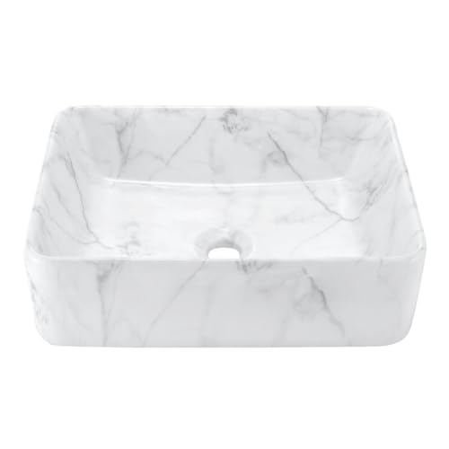 Luxsuite Bathroom Sink Rectangle Vessel Basin Vanity Ceramic Sink Above Counter Washing Hand Bowl Countertop White Marbled