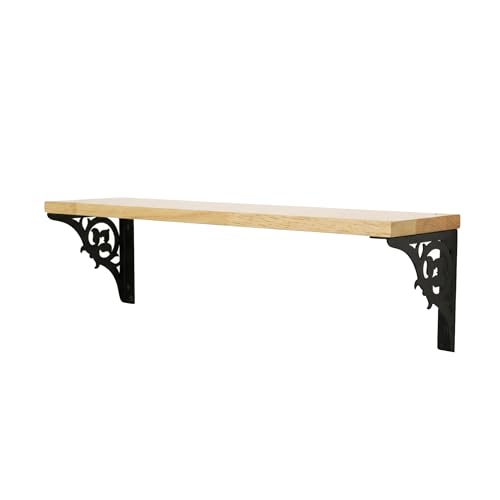 Image of Wall Shelf with Wooden Top Black|White Iron Brackets Storage Rack|Industrial Wall-Mounted Floating Shelf for Living Room,Kitchen,Bathroom (Black Single Floral Small)