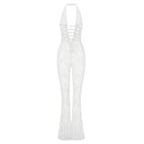 MXVPY Women Sheer Mesh Lace Jumpsuit Sexy Sleeveless See Through Hollow Out Bodycon Jumpsuits One Piece Club Party Romper (#4-White, S)