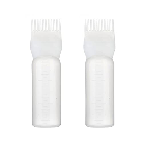 DATSH 2 Pack Hair Dye Brush Bottle Root Comb Applicator Bottle - White, 6oz / 180ml, Plastic, Reusable, Water Outlet Comb, Hair Coloring & Scalp Treatment