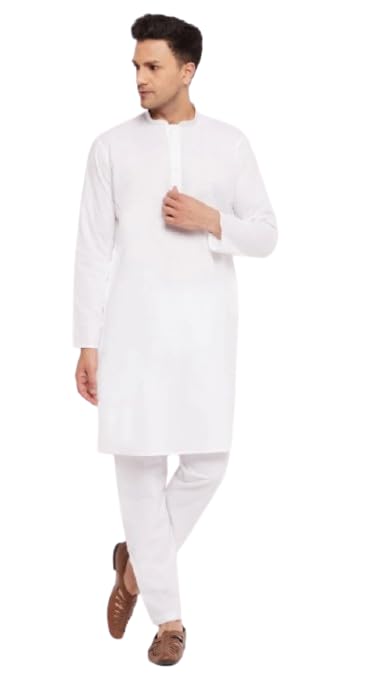 White Cotton Blend Kurta Pajama Set for Men-picture-45
