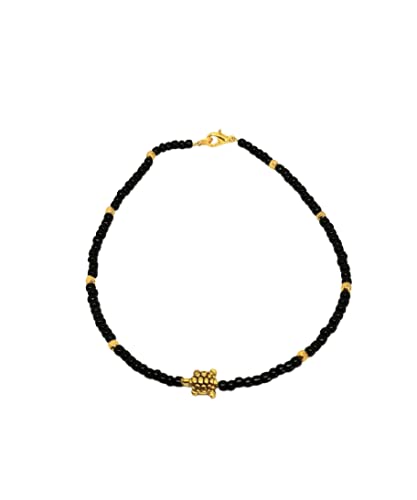 Aks jewelzBlack bead single anklet with gold tortoise