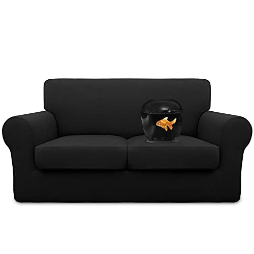 Image of Easy-Going Waterproof 3-Piece Loveseat Cover Couch Covers for Sofa | Stretch Spandex Sofa Cover Protector Elastic Bottom for 2 Cushion Couch Dog Pet Friendly Living Room Black