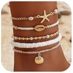 Shell Ankle Bracelet For Women Boho Beaded Seashell Starfish Conch Pearl Sea Turtle Puka Layered Gold Anklet Set Hawaiian Summer Beach Handmade Foot Jewelry Gift Set Adjustable