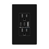 TOPGREENER USB Outlet with Dual Type C Charging Ports, 5V 6A, Duplex Tamper Resistant Receptacles 15A, Includes Wall Plate, and 3 Interchangeable Face Covers, TU21560A2C