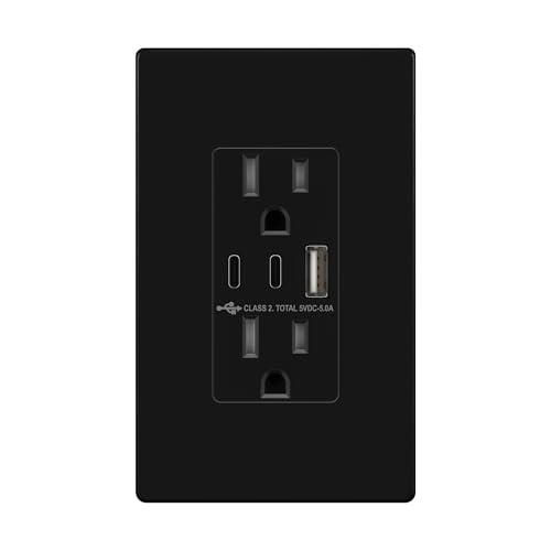 TOPGREENER 5.0A USB Outlet with 15Amp Duplex Tamper-Resistant Receptacles,1 Type-A and 2 Type-C, USB Outlets Receptacles, TU2155AC2-BKSID, Black, Screwless Wall Plate Included