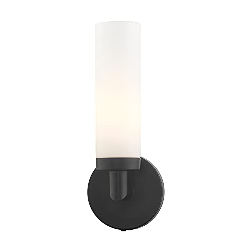 Image of Livex Lighting 10103-04 Aero Collection ADA 1-Light Wall Sconce Light with Satin Opal White Glass Cylinder Shade, Black, 4.25 x 11