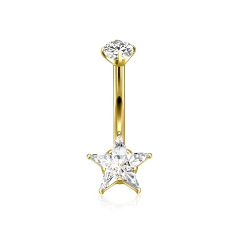 Titanium Belly Button Ring 14G Curved Barbell – Hypoallergenic Navel Piercing Jewelry with Multi-Texture Zircon (Flower,Star,Snowflake,Petal) – 10mm Luxury Floating Belly Button Piercing (Star Gold)