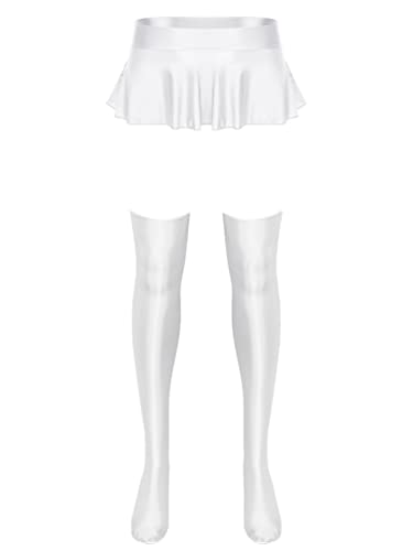 YiZYiF Women's Oil Shiny Glossy 3 Pieces Micro A-line Mini Skirts with Thigh High Stockings Set2