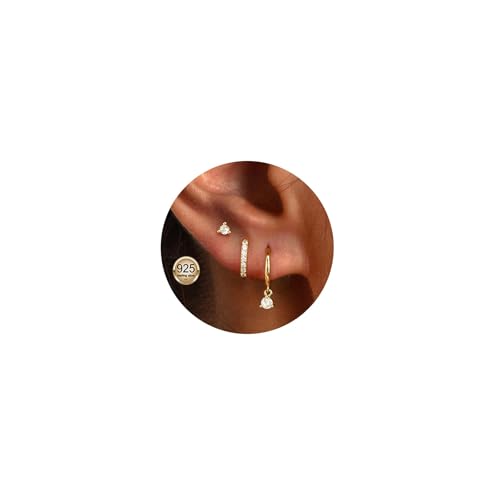 3 Pairs Stud Hoops Earrings for Women 14K Gold Gold Hoop Earrings for Women Hypoallergenic Cartilage Earring-s for Multiple Piercing Dainty Small Stackable Hoop Earring-s Set