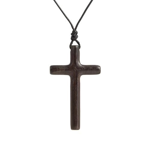 Men's Wooden Cross Necklaces Real Handcrafted Ebony Wood Cross Pendants With Leather Necklaces Men's Black Cross Necklaces Christian Baptism Crucifix Pendant for Men