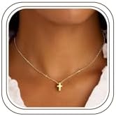 M MOOHAM Communion Gifts for Girls, Dainty 14K Gold Plated Cross Pendant Necklace Sideways Cross Cho...