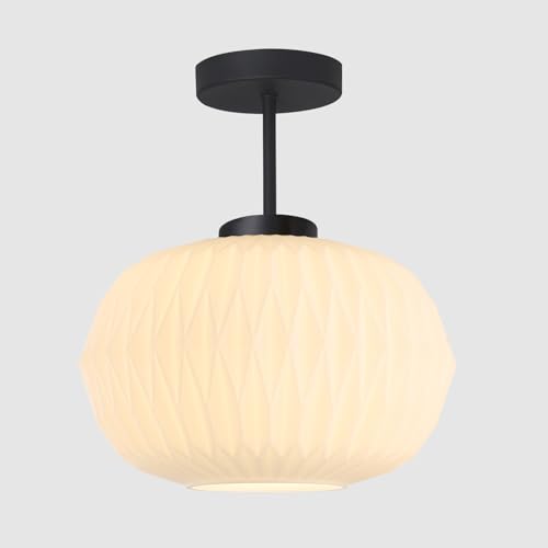 Image of Semi Flush Mount Ceiling Light Modern Black Close to Ceiling Light Fixture Vintage Striation Glass Ceiling Lamp Industrial Chandelier for Hallway Bedroom