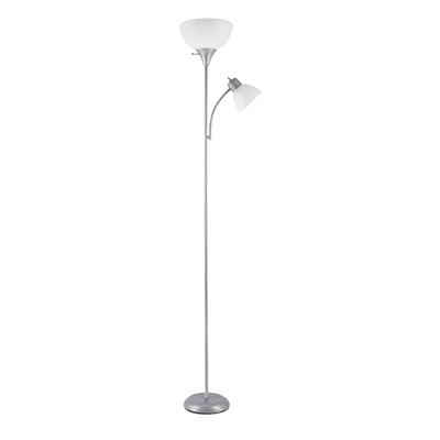 Globe Electric 67134 72" Torchiere Floor Lamp + Adjustable Reading Light, Silver, Frosted Plastic Shade, 3-Step Rotary Switch on Socket, Living Room Décor, Reading Light, Home Essentials, Bedroom