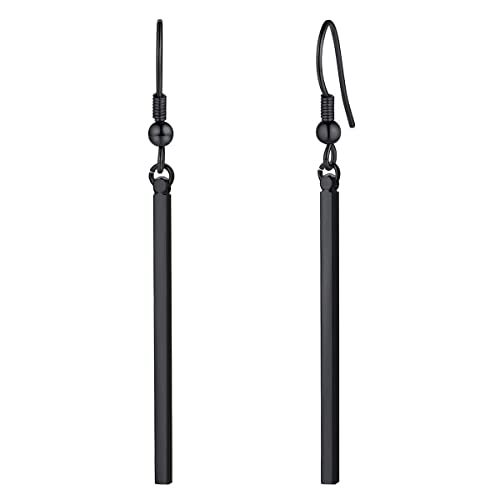 FOCALOOK Black Earrings for Women Stainless Steel Drop Earring Long Vertical Bar Dangles Womens Hypoallergenic Ear Dangle Christmas Jewellery Gift for Lady