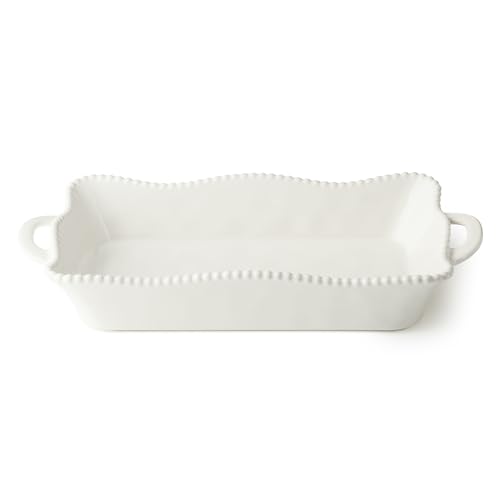 Perlette Cream Medium Rectangular Ceramic Baker &ndash; 16.25 x 8.5 Inch Elegant Scalloped Stoneware...