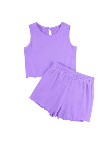 Image of Girls' Summer 2 Piece Outfits Sleeveless Tank Tops and Wide Leg Shorts Sets Purple 9-10Y