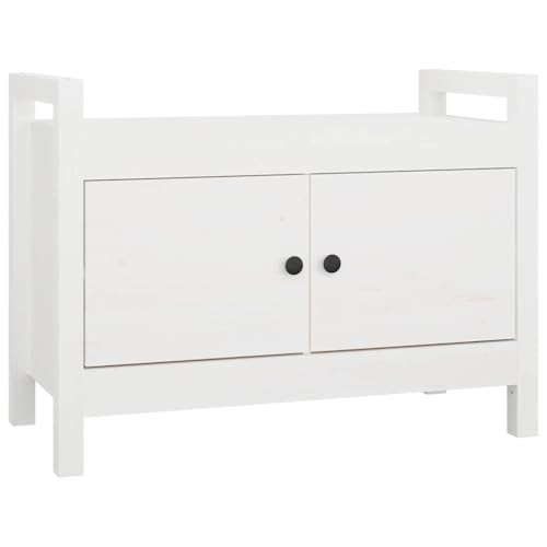 Cartvyn Banco de pasillo blanco de madera maciza de pino 80 x 40 x 60 cm con espacio de almacenamiento y puertas, banco para pasillo, pasillo, dormitorio, zapatero y almacenamiento acolchado