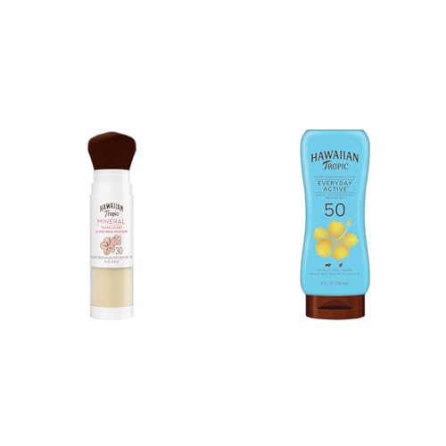 Hawaiian Tropic Mineral Powder Sunscreen Brush SPF 30 & Everyday Active Sunscreen Lotion SPF 50 Bundle, 8oz