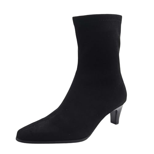 Bottes mi-mollet bout carre en textile floque noir avec talon de 5.5cm