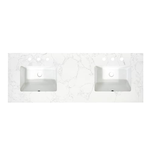 Ceres 61' Engineered Stone Vanity Top in Grain White with Double White Sinks