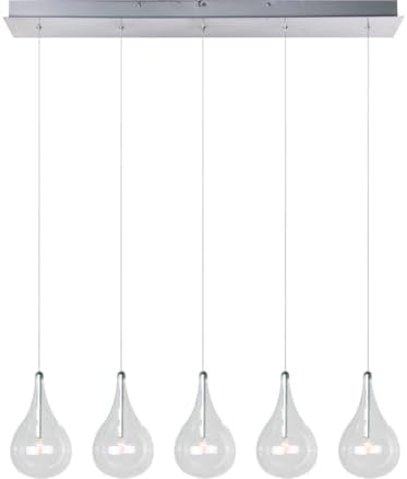 ET2 E23115-18 Larmes Modern Blown Glass Oversized Teardrops Linear Pendant Ceiling Lighting, 5-Light Xenon 100 Watts, 8"H x 5"W x 30"L, Polished Chrome