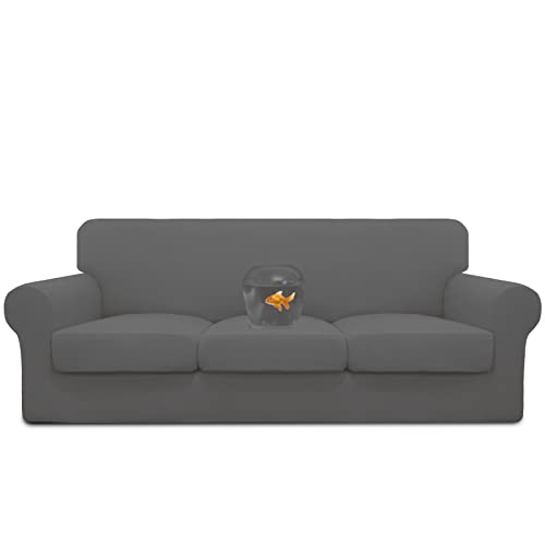 Image of Easy-Going Waterproof 4 Pieces Stretch Couch Cover for 3 Cushion Gray | 100% Dual Waterproof Sofa Slipcover for 3 Separate Cushion Couch Leakproof Furniture Protector for Kids, Pets