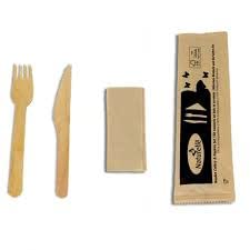 Kit de cubiertos de madera 3 en 1 desechables | Juego de 100 kits individuales | Tenedor, cuchillo de toalla | Madera de abedul | Sin sabor ni olor | 100% ecológico