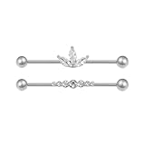 Niaspi 2Pcs 14G Stainless Steel Industrial Barbell Earrings for Women 38mm CZ Leaf Bezel Long Cartilage Earrings Piercing Jewelry Cubic Zirconia Industrial Bar (Silver)
