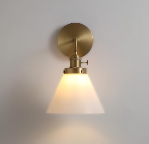 Image of Vintage Brass Gold Finish Wall Sconce with Milk Glass Shade for Bathroom, Kitchen & Bedroom Lighting (Bulb Included)