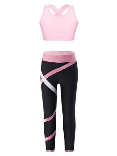 YEAHDOR Kids Girls 2 Pcs Sport Outfit Gymnastics Dance Athletic Outfits Sleeveless Crop Top with Leggings Set Dancewear Black Pink 12 Years
