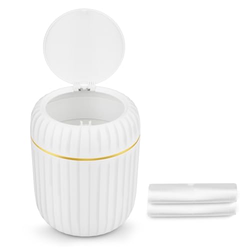 Dawitrly Desktop Bin, Small Desk Bin with Press Type Lid, Mini Plastic Trash Can for Kitchen, Bathroom, Bedroom, Office, Dressing Table, with 40 Sheets of Garbage Bags (2L-White)