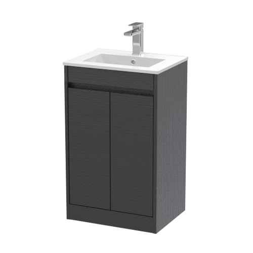 Image of Balterley Chartley Contemporary Floor Standing 2 Door Vanity Basin Unit, Minimalist Basin, 500mm, Woodgrain Graphite Grey