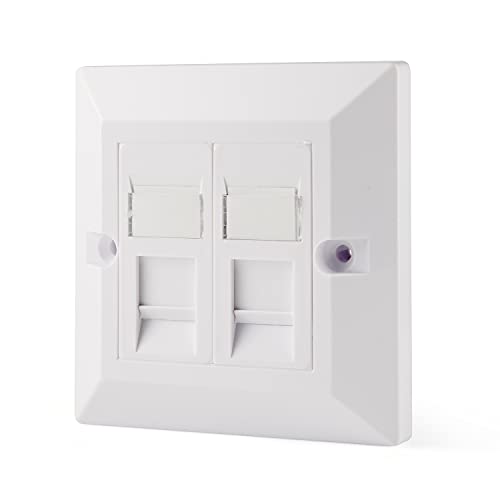 rhinocables Ethernet Faceplate Single 1-Port/Double 2-Way/Quad 4-Way RJ45 Socket Wall Plate for Ethernet Cable Networking Socket Box (Double 2-Port, CAT5e)