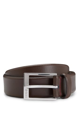 HUGO Herren Gellot Sz35 Gürtel aus genarbtem Leder mit Metalldetails in Silber-Optik Dunkelbraun 105