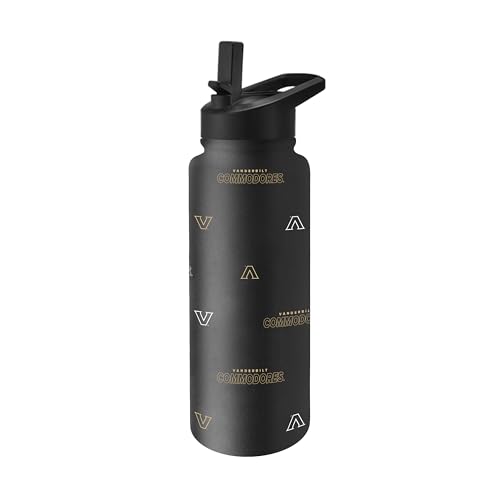 Image of Logo Brands NCAA Vanderbilt Commodores Step & Repeat 34 oz Stainless Steel Quencher Bottle - All Over Logo Design, No-Spill Lid, Easy Carry Handle - Keeps Drinks Cold For Hours