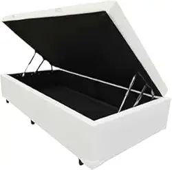 Cama Box Baú Solteiro, 188x88x42 cm, Estrutura Blindada com Pistão a Gás (Corino Branco)