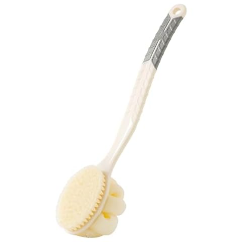 Arswin Shower Body Brush with Bristles and Large Pumpkin Loofah,Back Scrubber Bath Mesh Sponge with Anti-Slip Curved Long Handle for Skin Exfoliating,Massage Bristles for Wet or Dry,Men Women (White) Cover