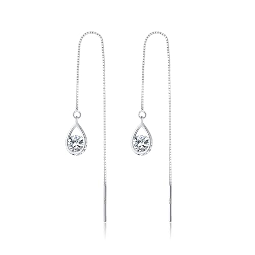 Reffeer Solid 925 Sterling Silver CZ Droplet Chain Dangle Earrings for Women Teen Girls Tassel Dangle Earrings Threader (A-Silver)