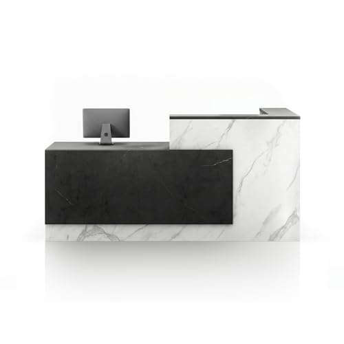 L-Shaped Reception Desk with Counter, 1-Inch Thick Board, Lockable Drawers & Keyboard Tray, Heavy-Duty Front Desk for Office, Salon, Hotel & Clinic LEFT_63*24*41IN Cloud White_b