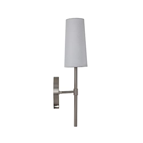 Image of Aspen Creative 62719-09-1, 1 Light Indoor Wall Fixture, 4-3 /4 inch W x 14-5 /8 inch H x 5-1 /8 inch E, Satin Nickel Finish w /White Fabric Shade, Bulb Not Included