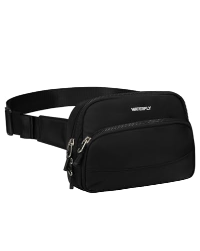 Image of WATERFLY Fanny Pack Belt Bag for Men Women Casual Waist Pack | Lightweight 7oz, 8.3x5.9x2.4in, waist 24-47in, 3 zip pockets + slots + clip, water-repellent nylon, for travel, hiking, gym