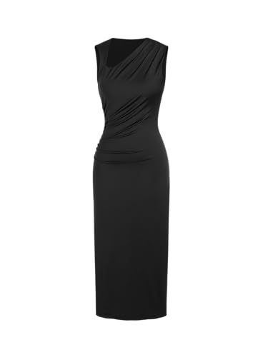 CIDER Women's Cocktail Dress Asymmetrical Neck Ruched Formal Dresses Bodycon Long Maxi Wedding Guest Dresses for Summer Black