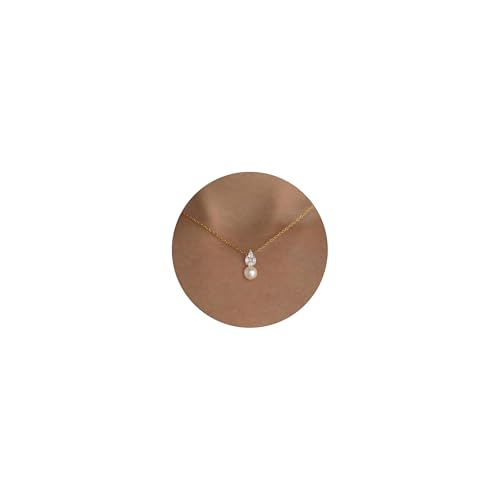 Image of PRTGL Pearl Necklace - 14k Gold Plated Dainty Cubic Zirconia Paved 8mm Single Round Bridesmaid Pearl Necklace for Women